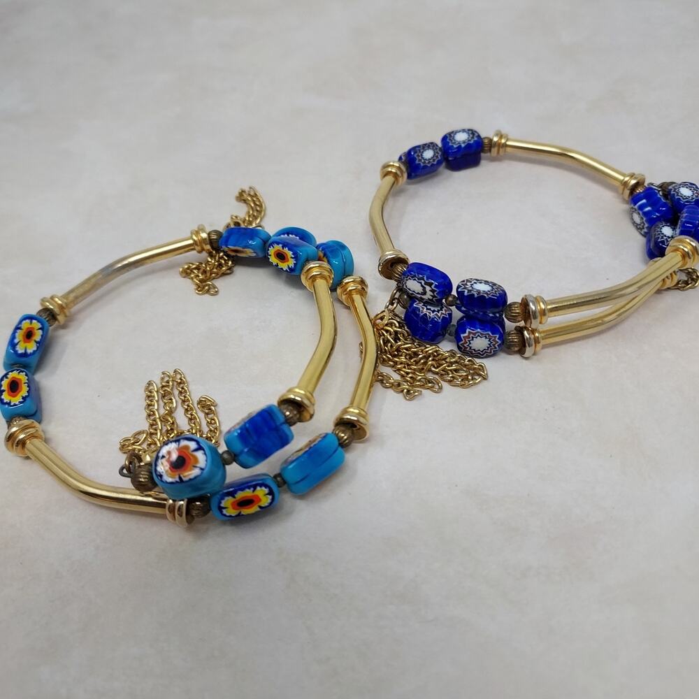 Lot of 2 Millefiori Bead Gold Tone Memory Wire Stacking Bracelets Blue Tones